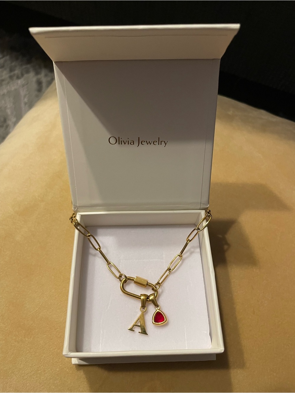 Gold Carabiner Lock Chain Necklace with Ruby Teardrop Charm and 'A' Initial